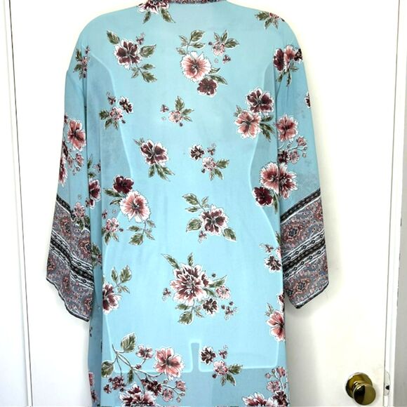 LIVE TO BE SPOILED AQUA FLORAL SEMI-SHEER KIMONO JACKET POP-OVER COVER-UP SIZE S - Picture 8 of 11